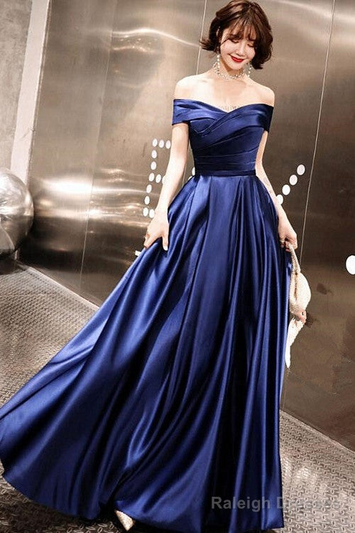 Blue Off Shoulder Prom Dress, Blue Satin Party Gown Prom Dress Main image