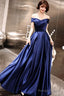 Blue Off Shoulder Prom Dress, Blue Satin Party Gown Prom Dress
