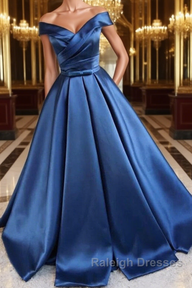 Blue Off Shoulder Satin Long Prom Dresses, Off Shoulder Blue Formal Dresses, Ball Gown, Evening Dresses Main image