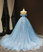 Blue Off Shoulder Tulle Lace Long Prom Dress, Blue Formal Ball Gowns Prom Dress