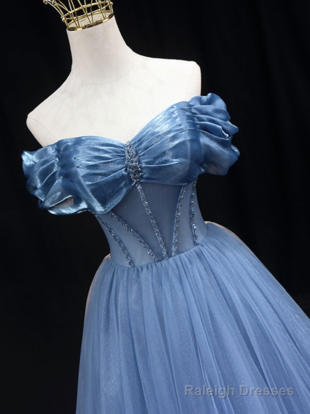 Blue Off Shoulder Tulle Long Prom Dress, Blue Tulle Formal Dress Secondary image