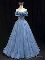 Blue Off Shoulder Tulle Long Prom Dress, Blue Tulle Formal Dress