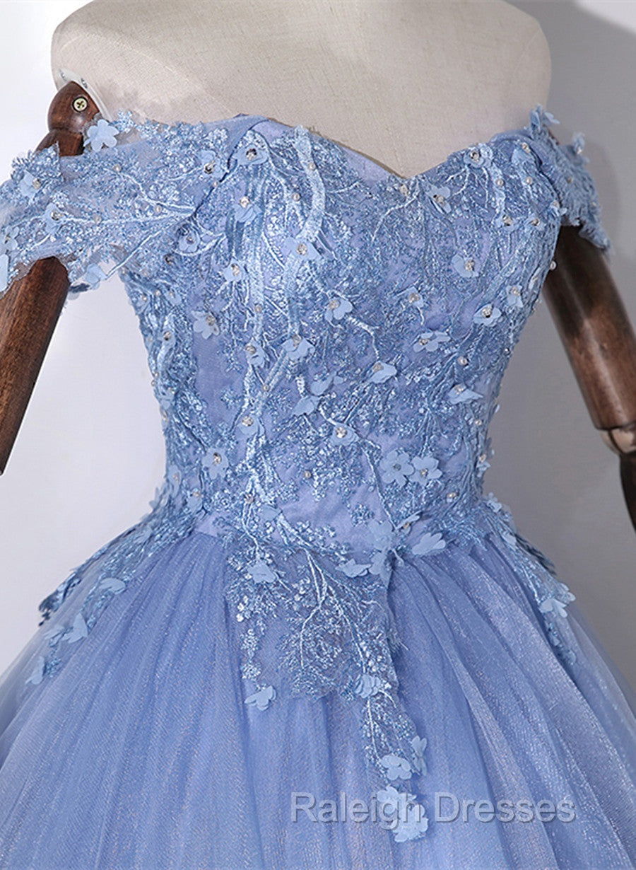 Blue Off Shoulder Tulle Party Dress With Lace, Long Formal Dress Sweet 16 Dress