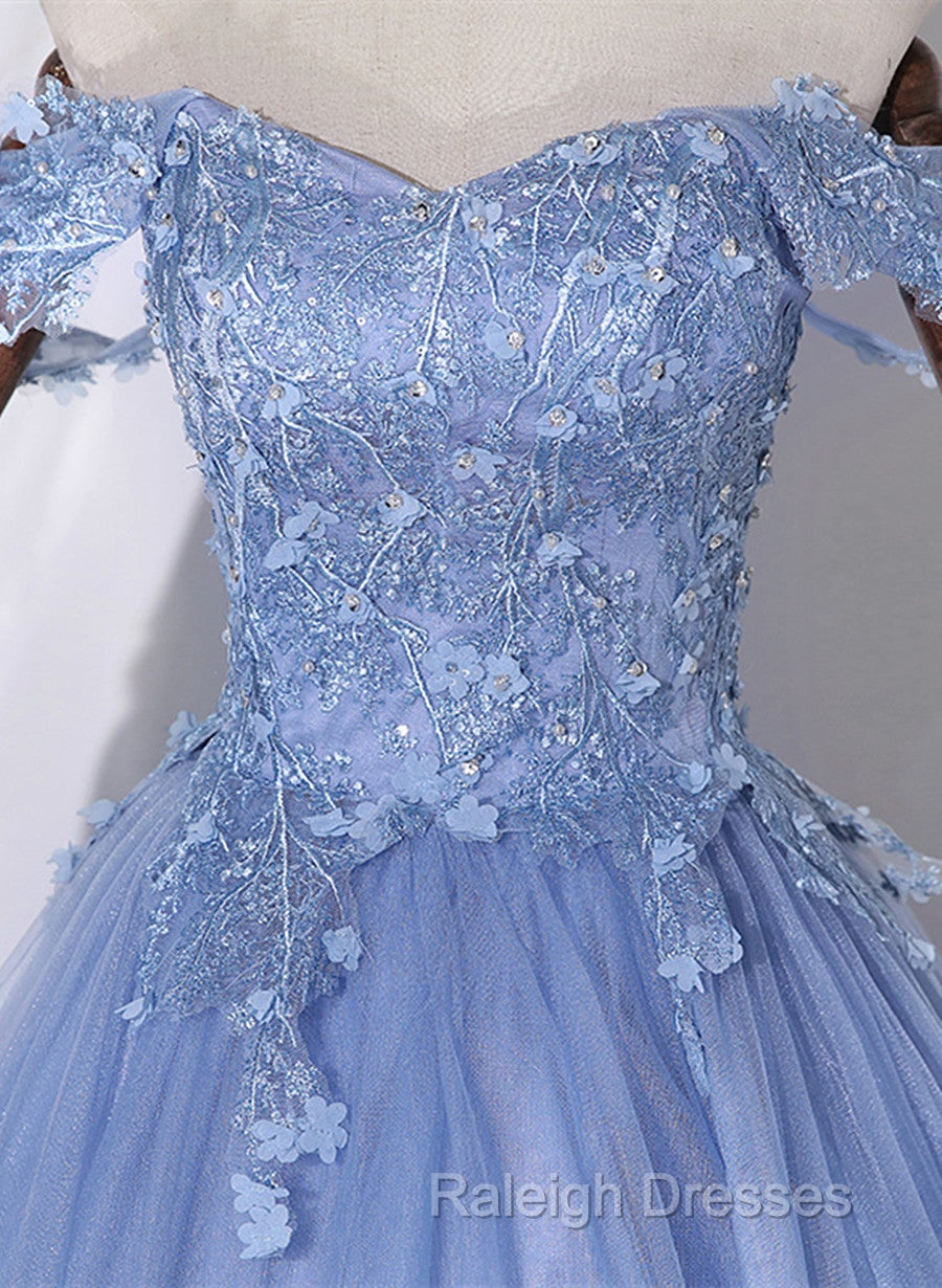Blue Off Shoulder Tulle Party Dress With Lace, Long Formal Dress Sweet 16 Dress