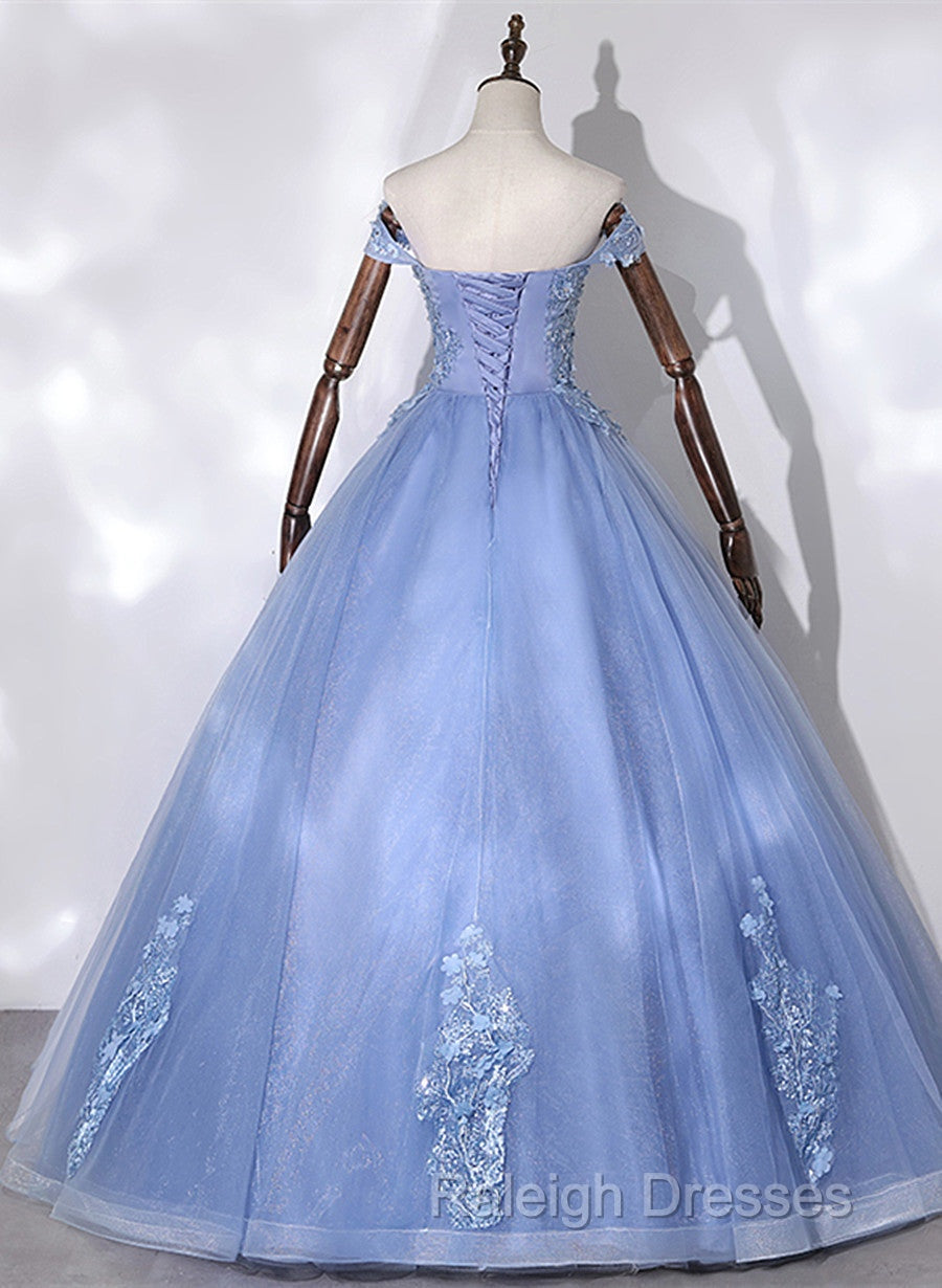 Blue Off Shoulder Tulle Party Dress With Lace, Long Formal Dress Sweet 16 Dress