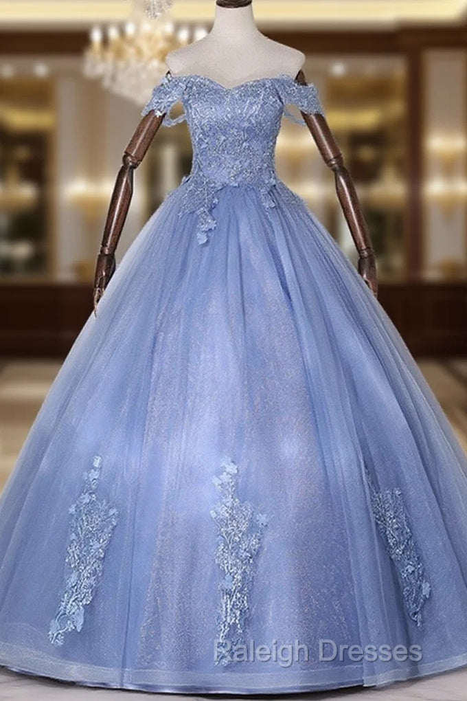 Blue Off Shoulder Tulle Party Dress With Lace, Long Formal Dress Sweet 16 Dress Main image