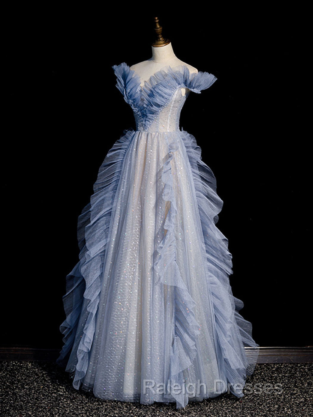 Blue Off Shoulder Tulle Sequin Beading Long Prom Dress, Blue Formal Dress Secondary image