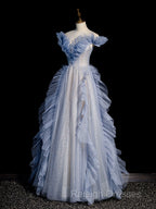 Blue Off Shoulder Tulle Sequin Beading Long Prom Dress, Blue Formal Dress