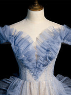 Blue Off Shoulder Tulle Sequin Beading Long Prom Dress, Blue Formal Dress