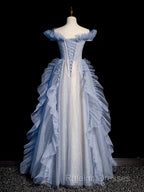 Blue Off Shoulder Tulle Sequin Beading Long Prom Dress, Blue Formal Dress