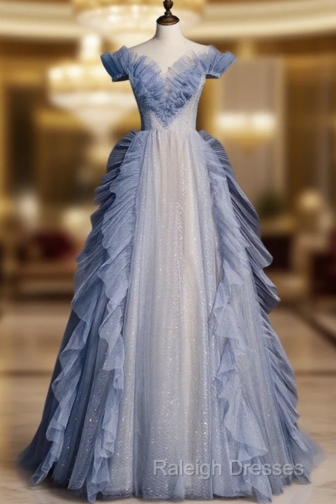 Blue Off Shoulder Tulle Sequin Beading Long Prom Dress, Blue Formal Dress Main image