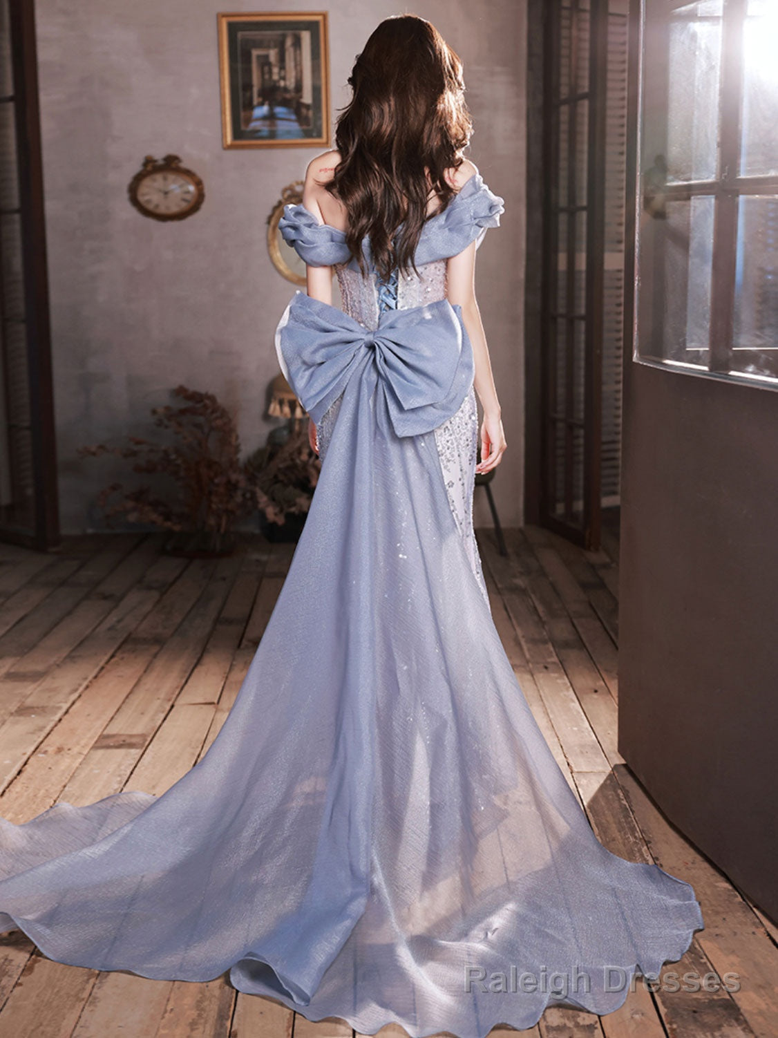 Blue Off Shoulder Tulle Sequin Mermaid Long Prom Dress, Blue Formal Dress Secondary image