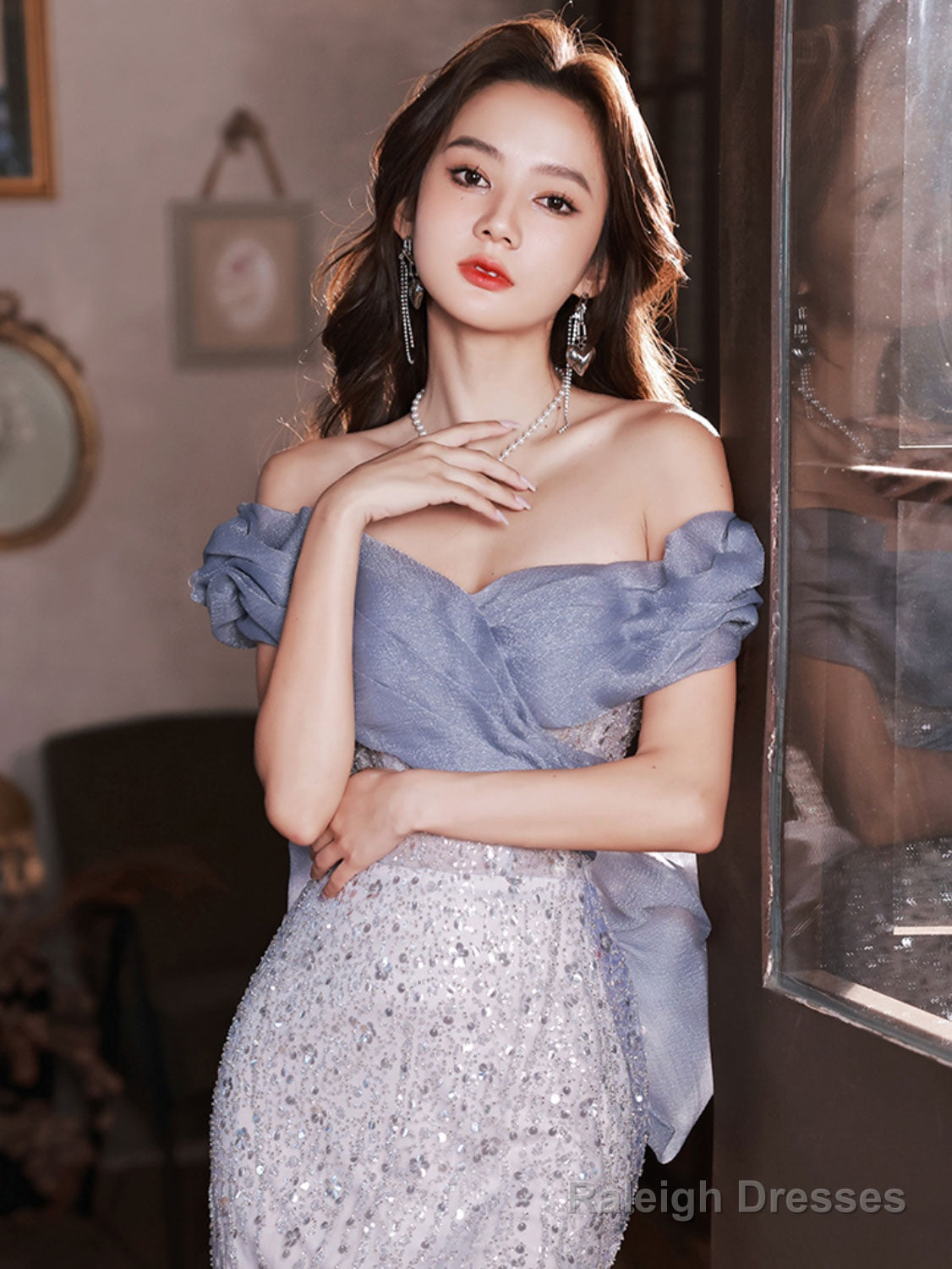 Blue Off Shoulder Tulle Sequin Mermaid Long Prom Dress, Blue Formal Dress