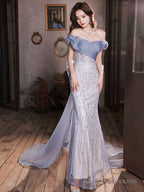 Blue Off Shoulder Tulle Sequin Mermaid Long Prom Dress, Blue Formal Dress