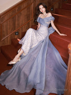 Blue Off Shoulder Tulle Sequin Mermaid Long Prom Dresses Blue Prom Dresses