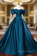 Blue Off the Shoulder Satin Floor Length Prom Dress with Corset, Blue Evening Party Dress