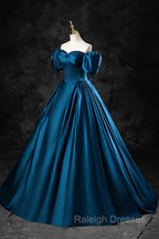 Blue Off the Shoulder Satin Floor Length Prom Dress with Corset, Blue Evening Party Dress