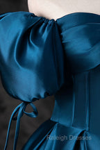 Blue Off the Shoulder Satin Floor Length Prom Dress with Corset, Blue Evening Party Dress