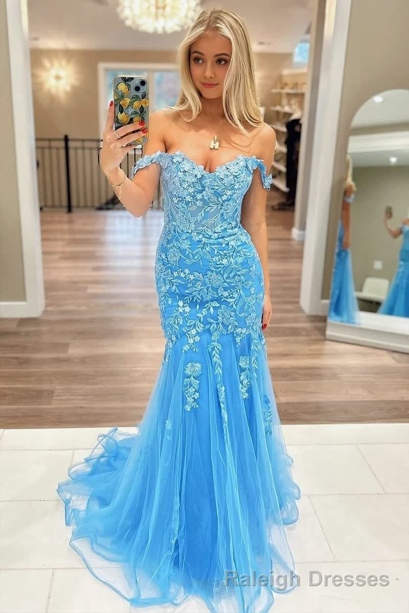 Blue Off the Shoulder Tulle Mermaid Prom Dresses with Appliques Main image