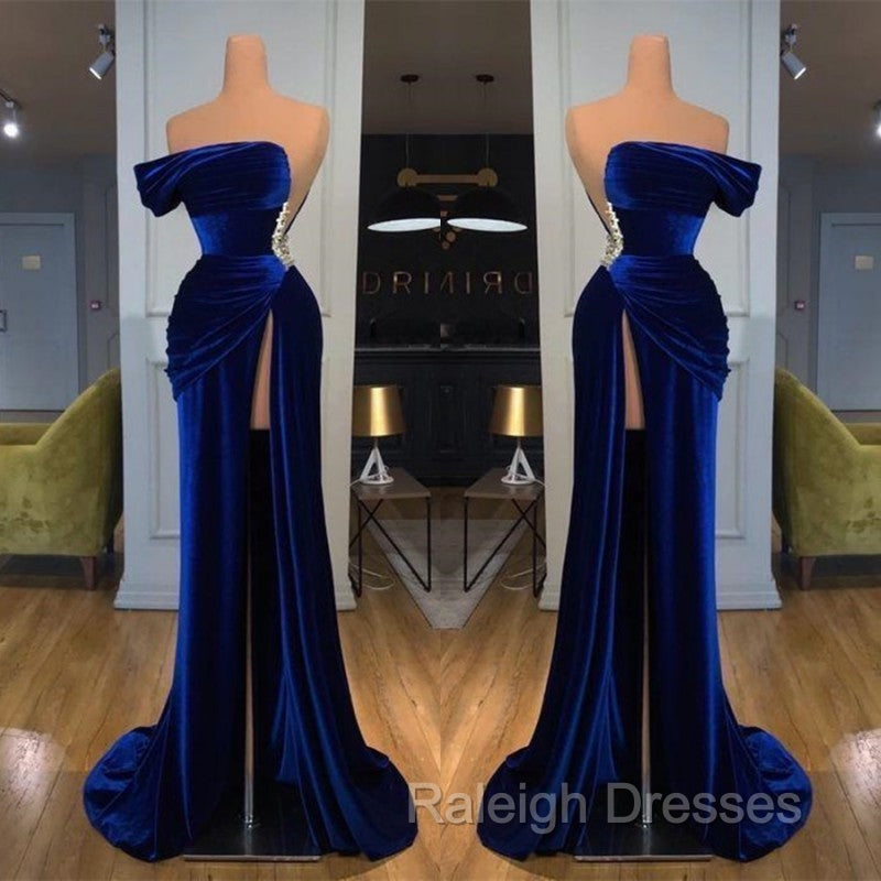 Blue Off-the-Shoulder Velvet Prom Dress Mermaid Long With Split Secondary image