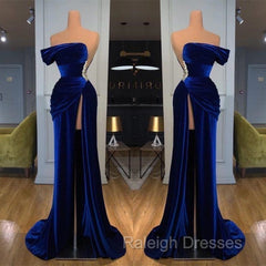 Blue Off-the-Shoulder Velvet Prom Dress Mermaid Long With Split