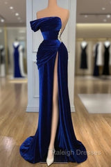 Blue Off-the-Shoulder Velvet Prom Dress Mermaid Long With Split