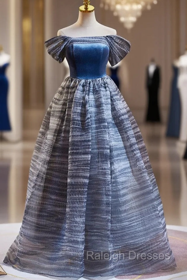 Blue Off the Shoulder Velvet Prom Dress Main image