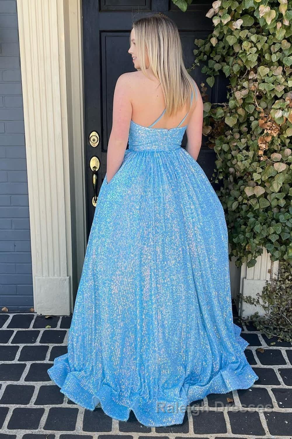 Blue One Shoulder A Line Sequins Prom Dress Secondary image