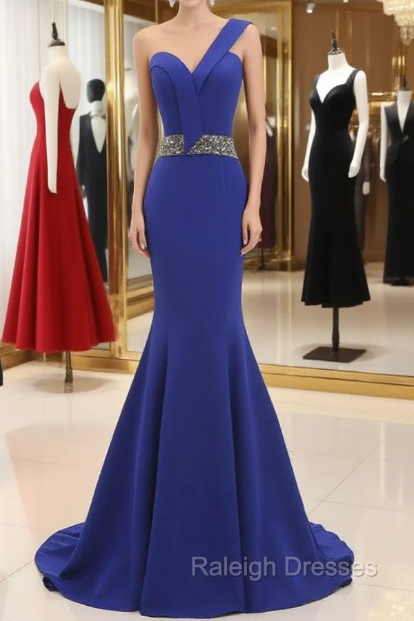 Blue One Shoulder Mermaid Satin Prom Dresses With Beading Main image