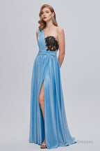 Blue One Shoulder Ruched Long Prom Dresses with Applique