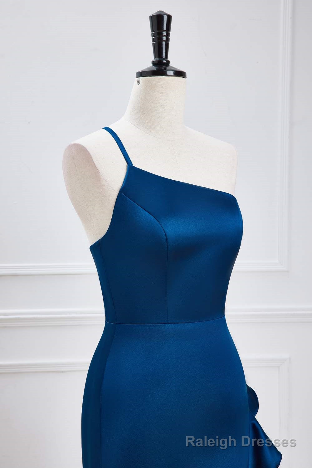 Blue One Shoulder Ruffle Satin Mermaid Maxi Dress