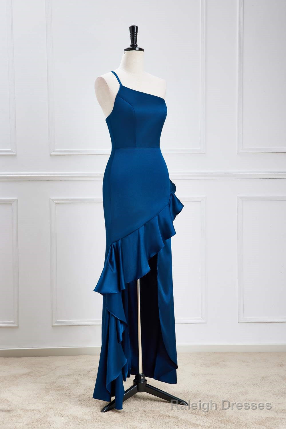 Blue One Shoulder Ruffle Satin Mermaid Maxi Dress