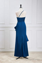 Blue One Shoulder Ruffle Satin Mermaid Maxi Dress