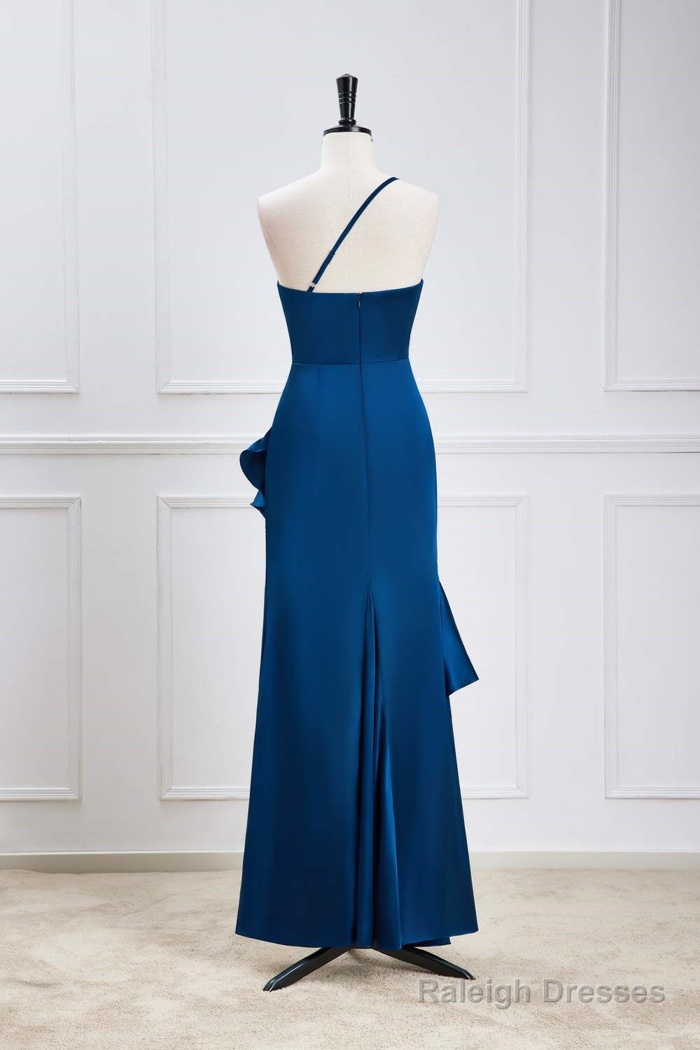 Blue One Shoulder Ruffle Satin Mermaid Maxi Dress