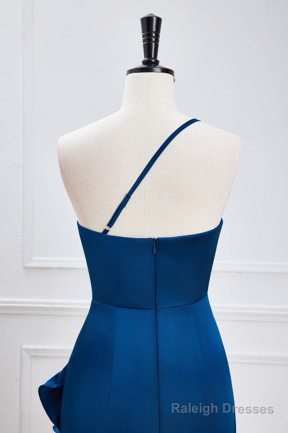 Blue One Shoulder Ruffle Satin Mermaid Maxi Dress