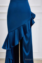 Blue One Shoulder Ruffle Satin Mermaid Maxi Dress