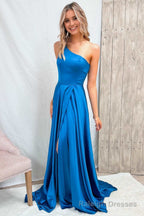 Blue One Shoulder Wrap A Line Prom Dress