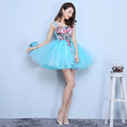 Blue Organza Mini Party Dress With Embroidery Homecoming Dress, Blue Short Dress