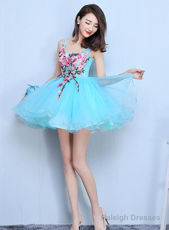 Blue Organza Mini Party Dress With Embroidery Homecoming Dress, Blue Short Dress Main image