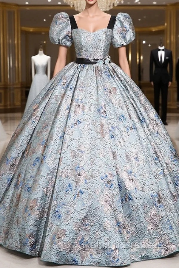 Blue Print Short Sleeve Sequare Neck Quinceanera Dress