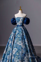 Blue Printed Long A-Line Prom Dress, Blue Off the Shoulder Formal Evening Dress