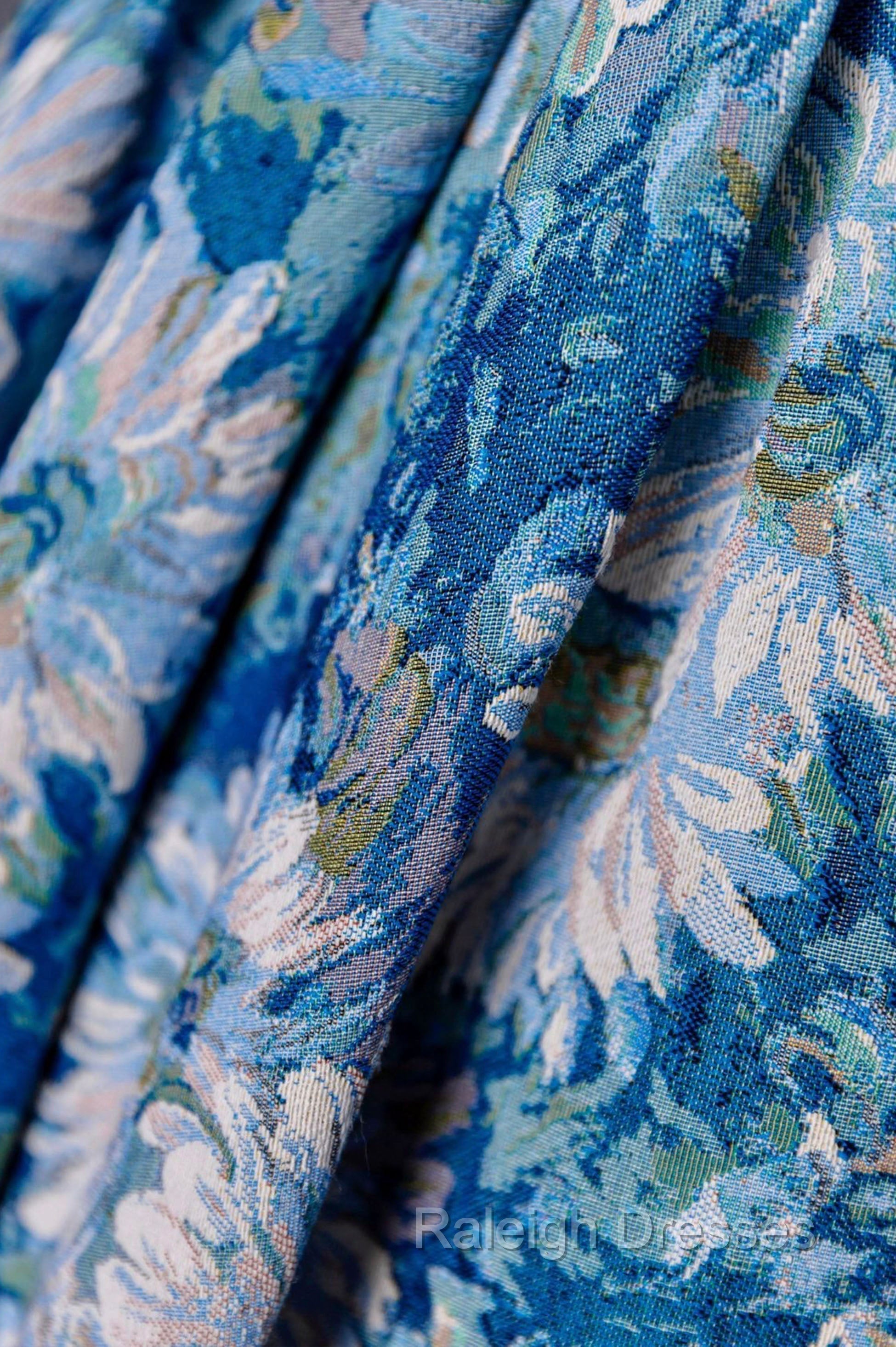 Blue Printed Long A Line Prom Dress, Blue Off the Shoulder Formal Prom Dress