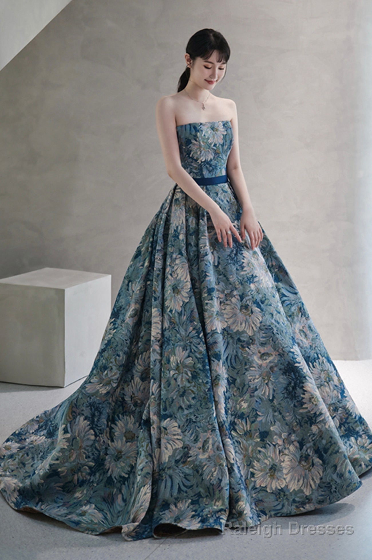 Blue Printed Strapless Ball Gown, A-Line Off The Shoulder Formal Dress Secondary image