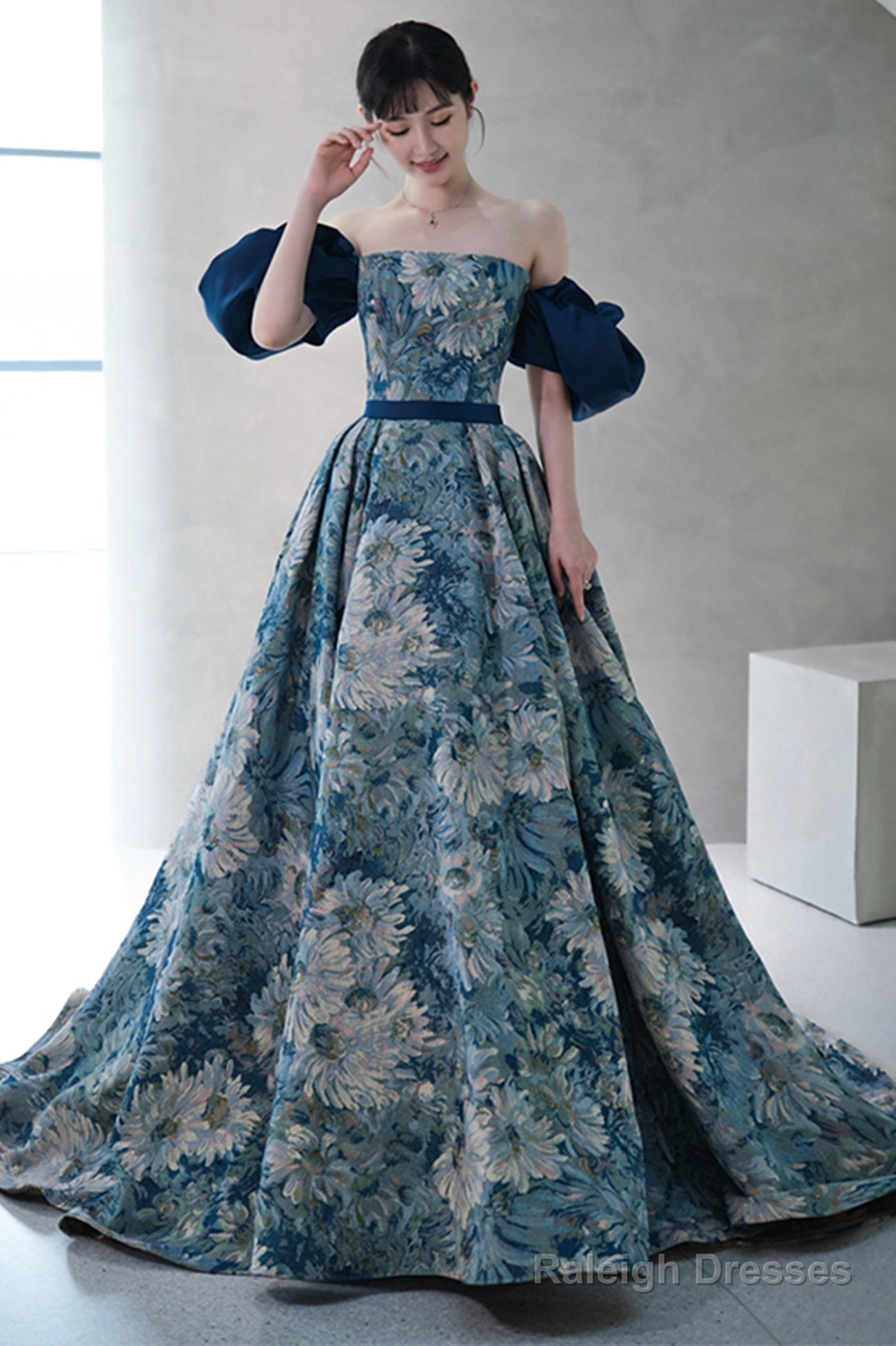 Blue Printed Strapless Ball Gown, A-Line Off The Shoulder Formal Dress