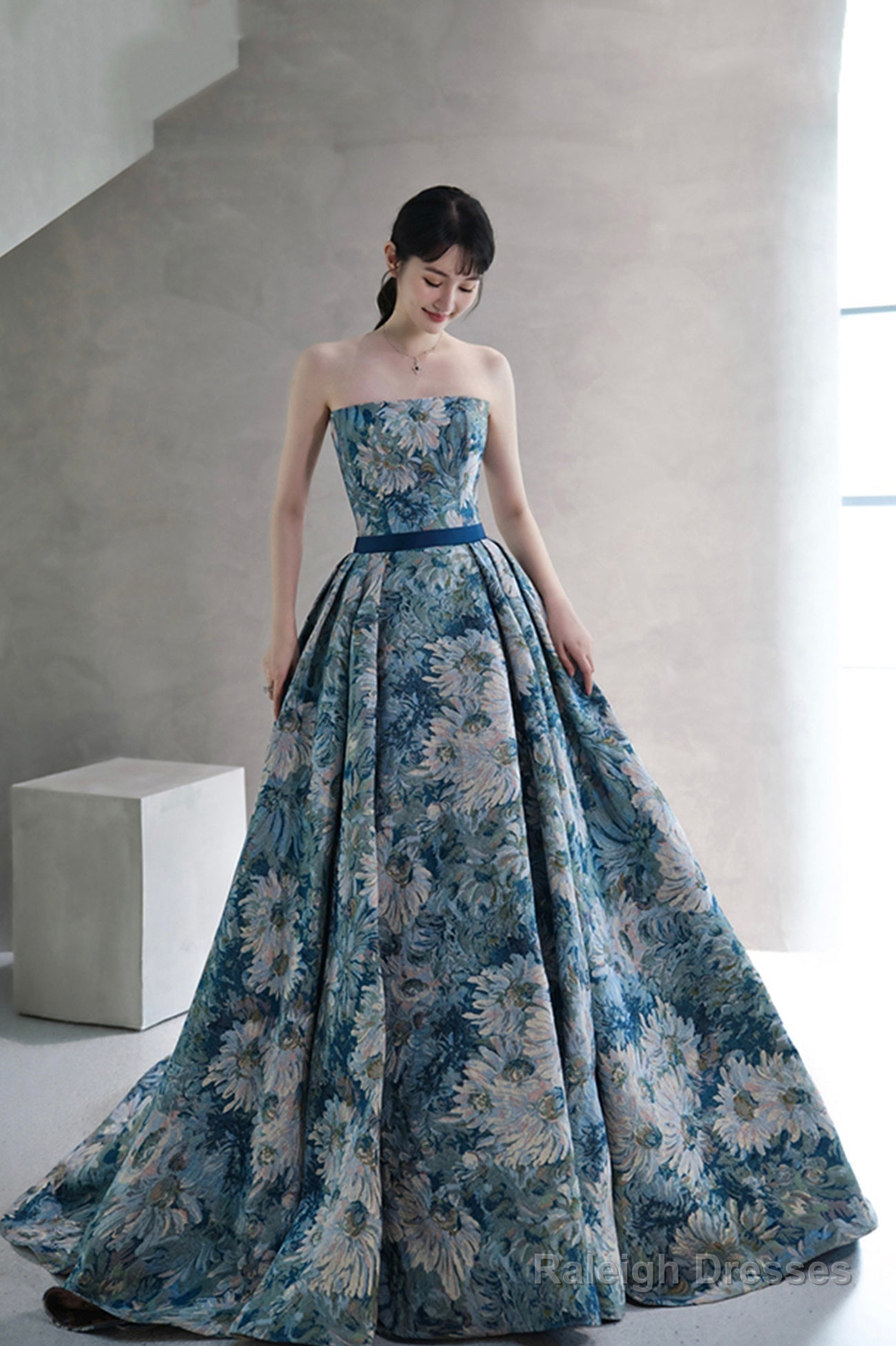 Blue Printed Strapless Ball Gown, A-Line Off The Shoulder Formal Dress Main image