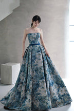 Blue Printed Strapless Ball Gown, A-Line Off The Shoulder Formal Dress
