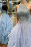 Baby Blue Prom Dresses A Line Halter Long Prom Dresses with Appliques Open Back