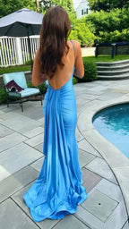 Blue Prom Dress, Mermaid Prom Dresses Open Back Evening Dress