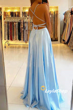Blue Prom Dress Halter Long Prom Dresses With Side Slit