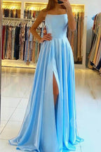 Blue Prom Dress Halter Long Prom Dresses With Side Slit